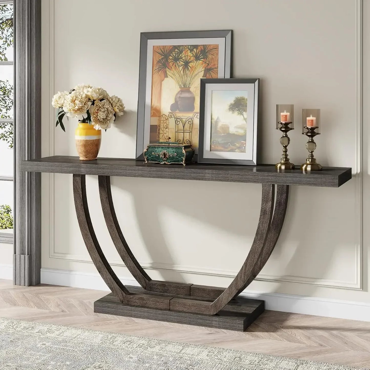 63 Inch Skinny Console Table Geometric Base 2 Tier Farmhouse Sofa Table