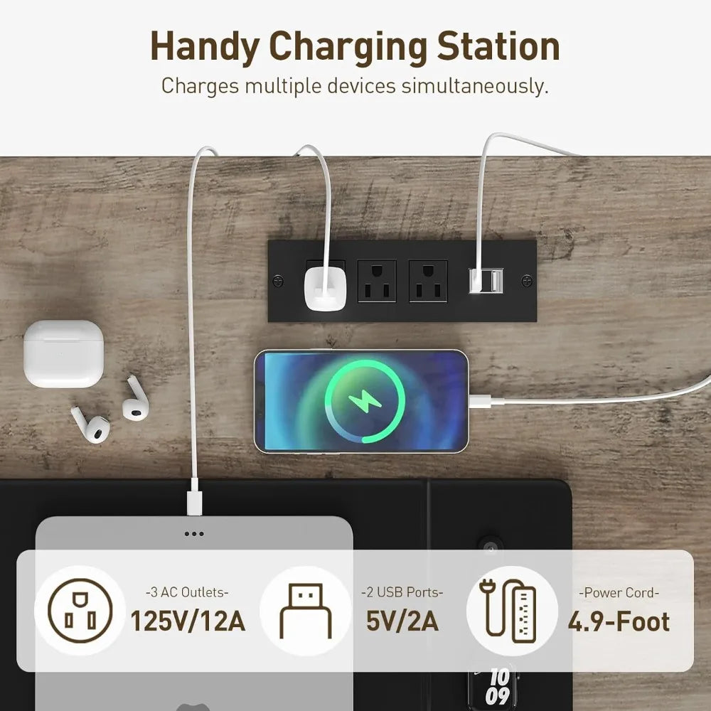 58 Inch Farmhouse Wooden Desk with Power Outlets and LED Light