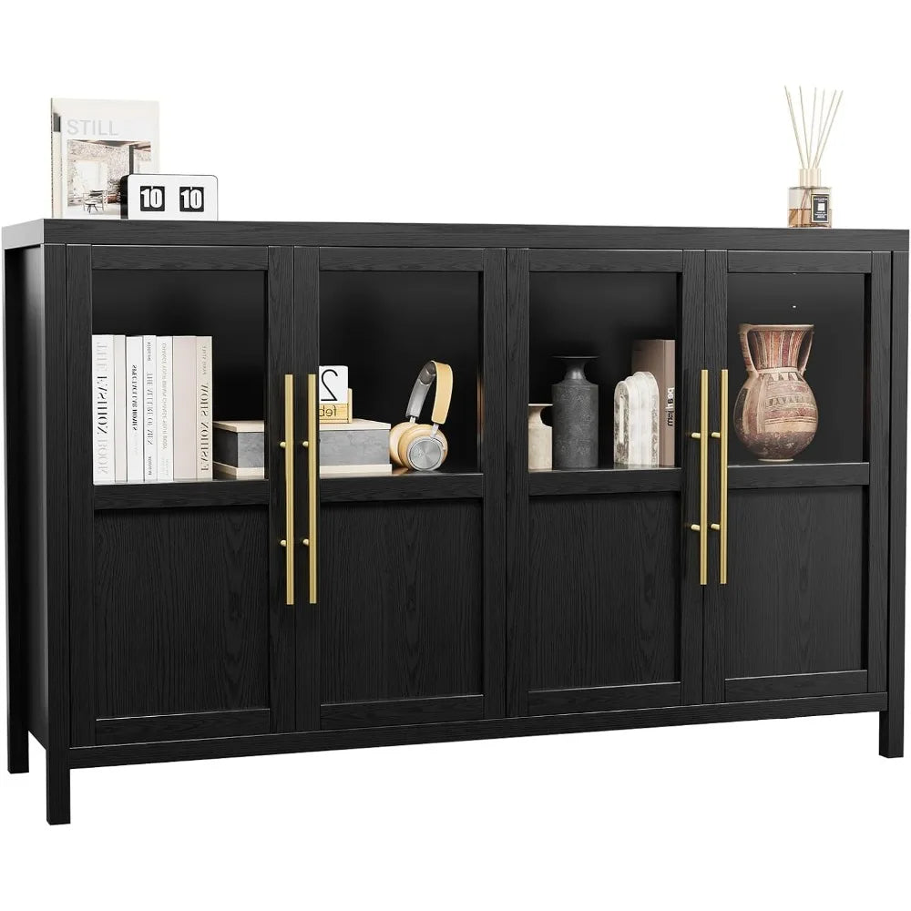 Large Sideboard Buffet Cabinet with 4 Glass Doors Modern Storage