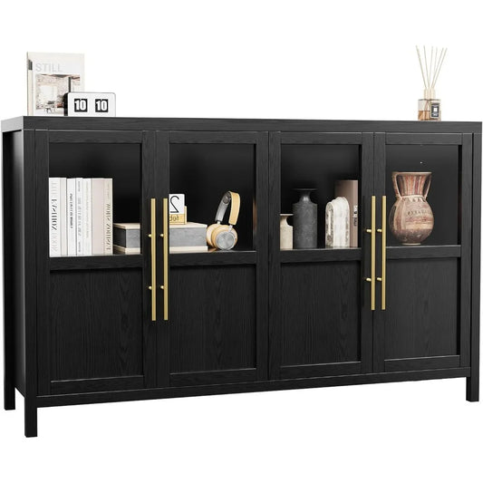 Large Sideboard Buffet Cabinet with 4 Glass Doors Modern Storage