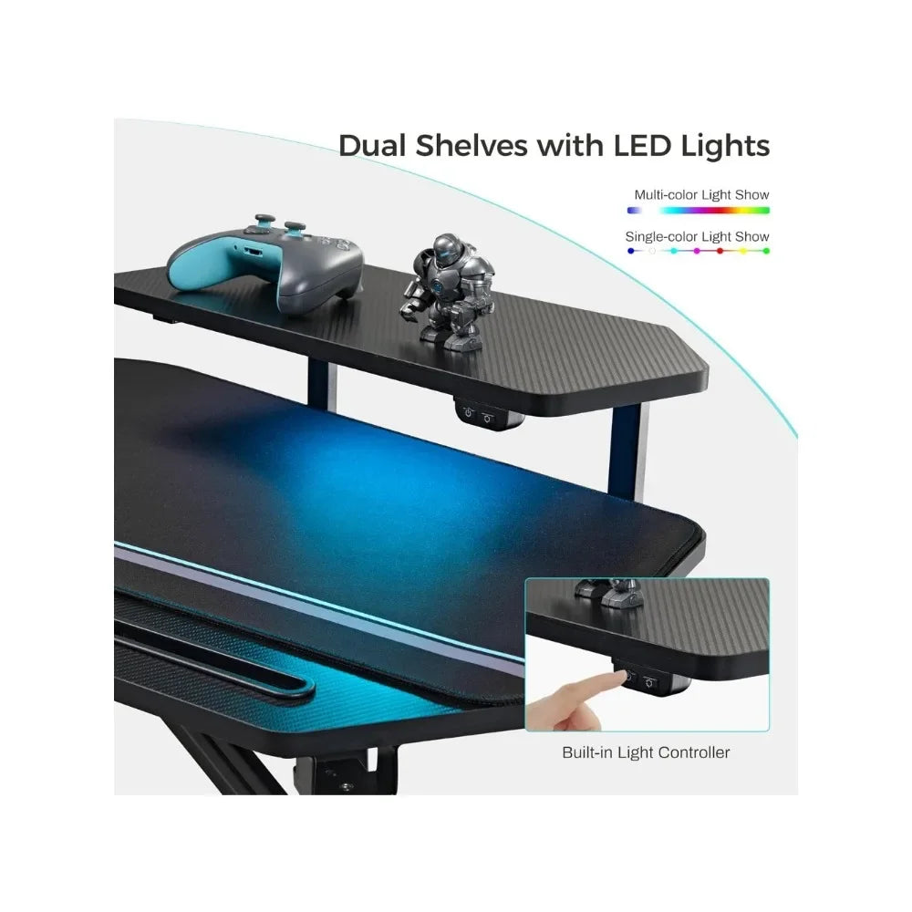Gaming Desk with LED Lights 72 Inch Wing Shaped Computer Desk with Tray