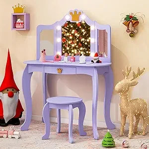 Kids Vanity with Lights Girls Makeup Desk Mirror Stool Toddler Set