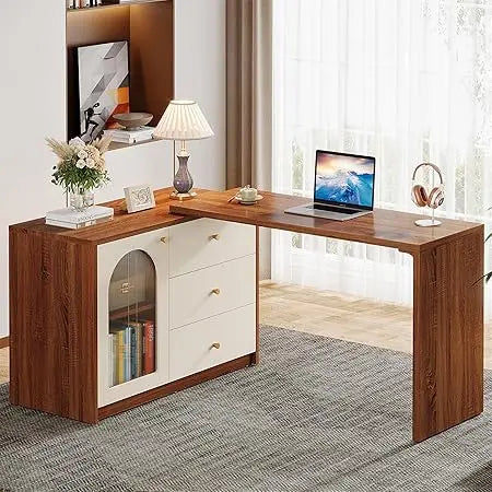 L Shaped Computer Desk with Drawers Modern Corner Office Desk