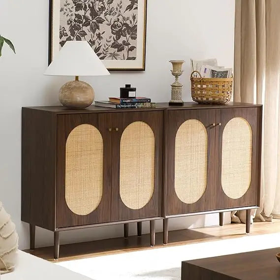 Rattan Storage Cabinet Set of 2 Modern Buffet Sideboard Kitchen Living Room