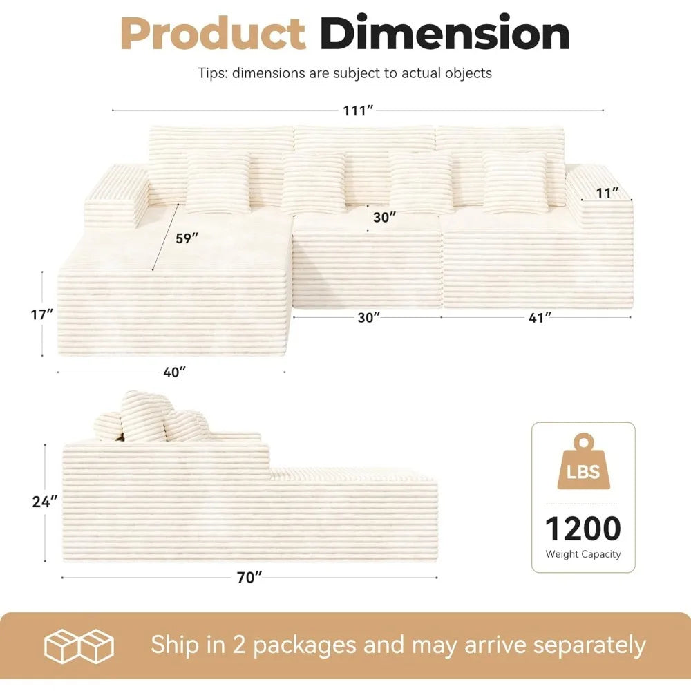 110 Inch Modular Cloud Sectional Couch L-Shaped Deep Seat Sofa