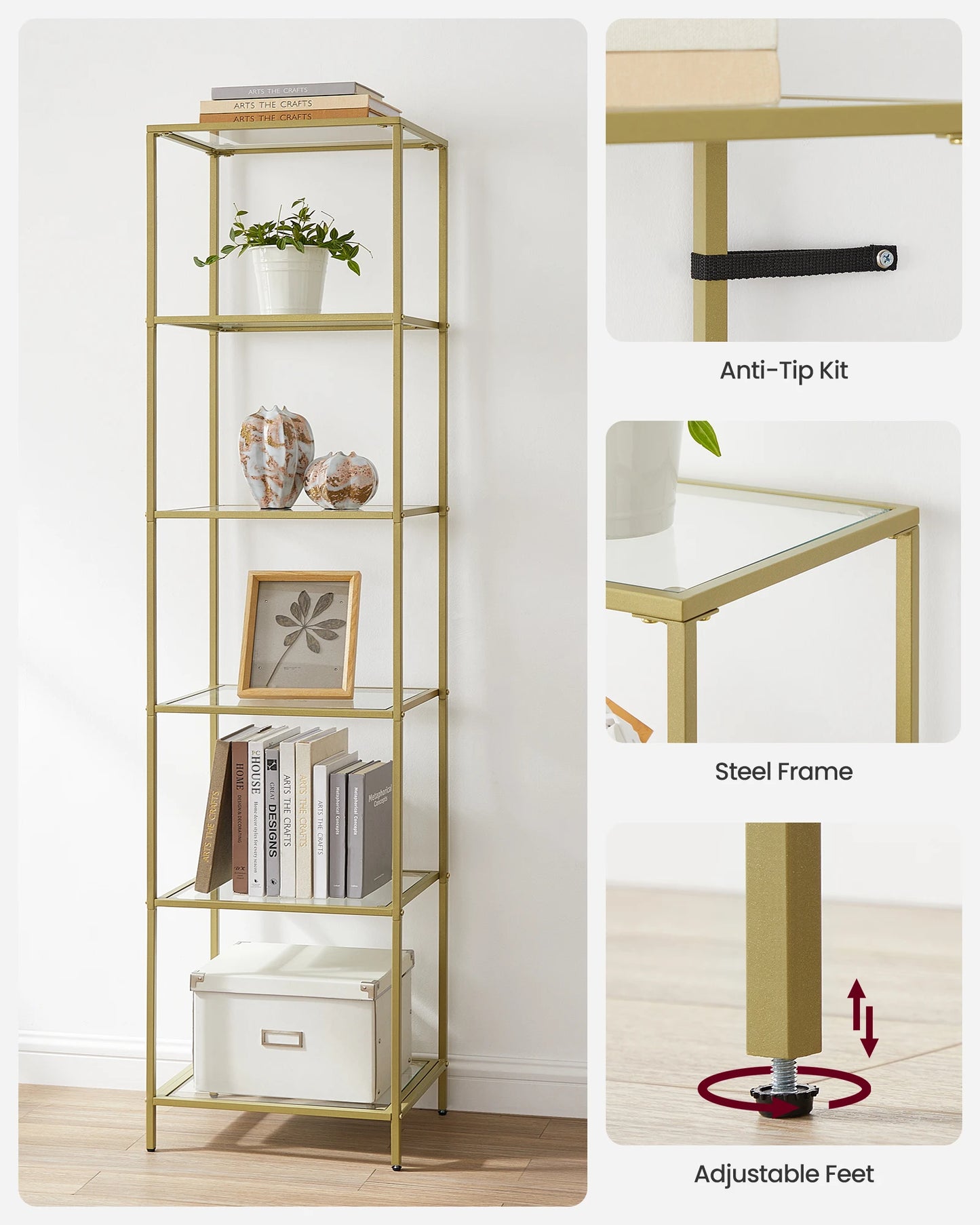 Ljustra 6-Tier Slim Bookshelf Tempered Glass Steel Frame Modern Design