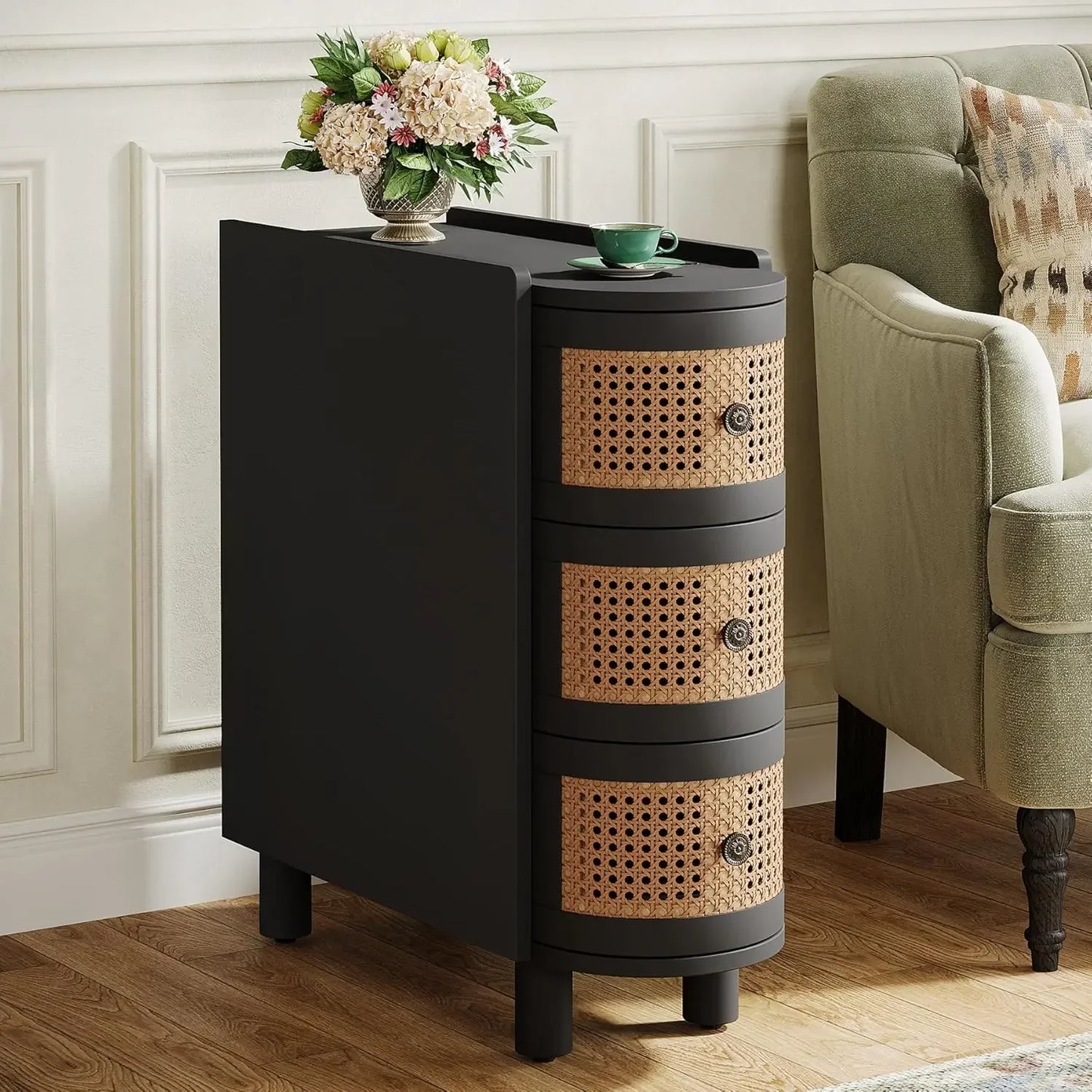 Solid Wood Rattan 3-Drawer End Table Nightstand for Living Room