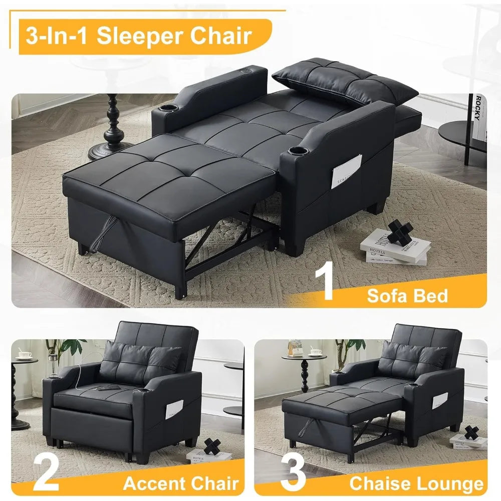 Sleeper Chair Convertible Sofa Bed with USB Ports Adjustable 3-in-1
