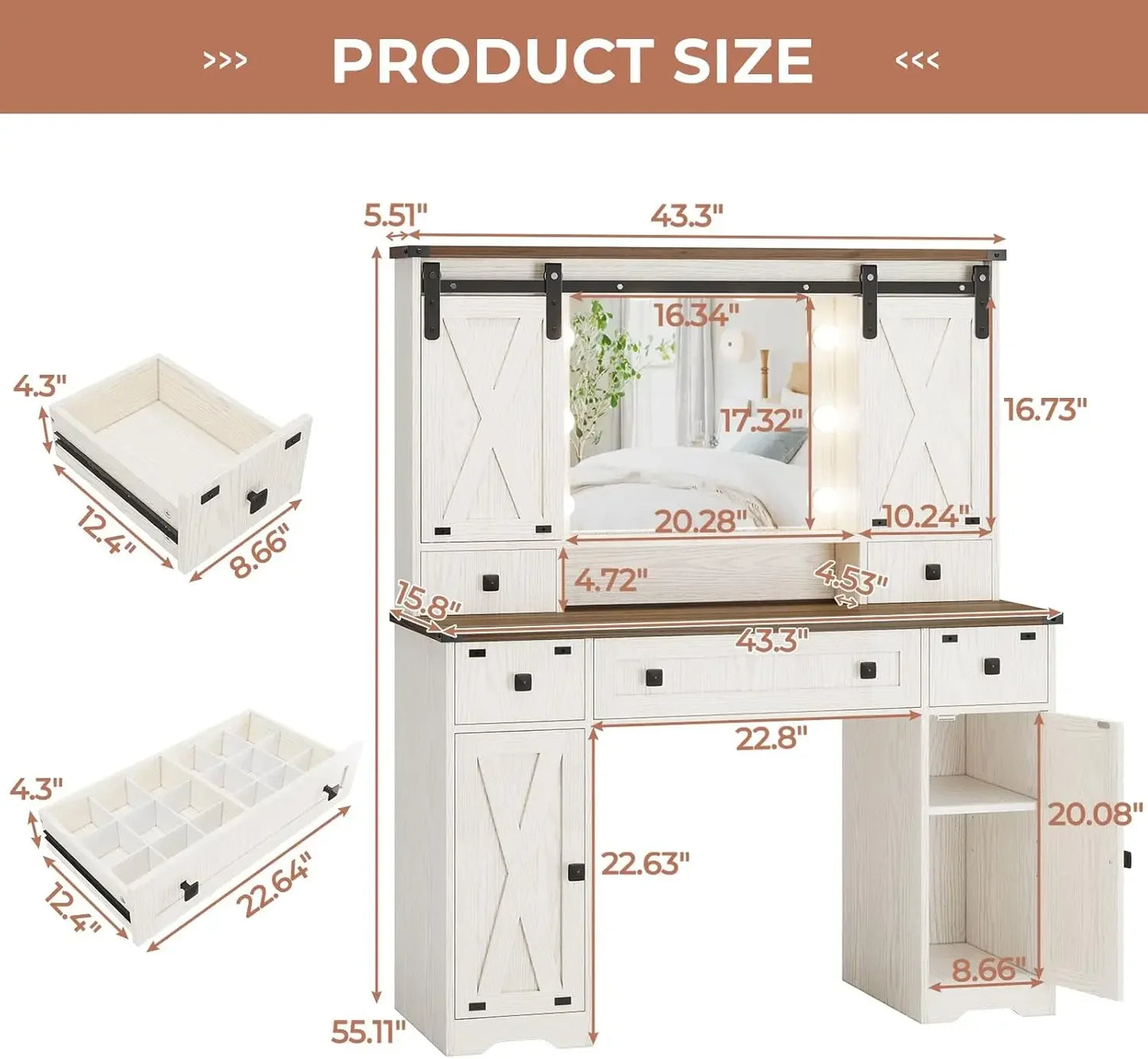 Farmhouse Makeup Vanity Desk with Lighted Mirror and Storage Drawers