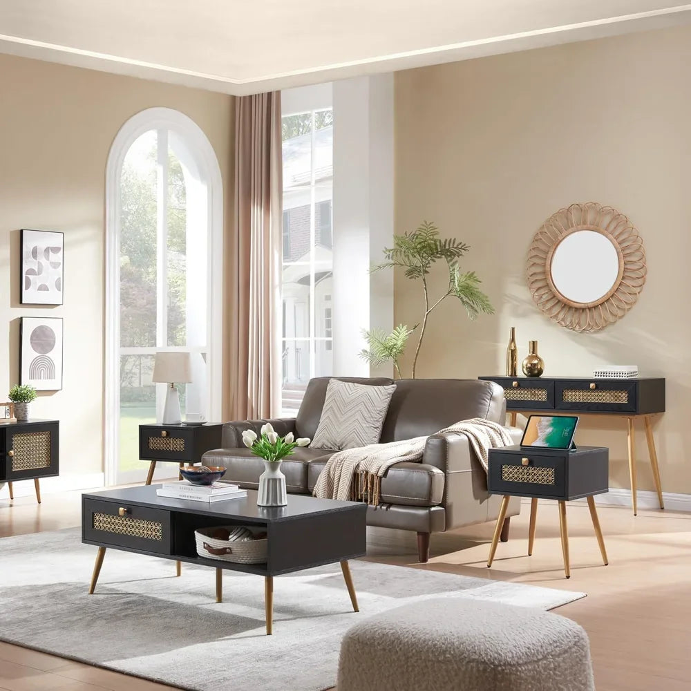 Wooden Mid Century Modern Coffee Table with Sliding Door for Living Room
