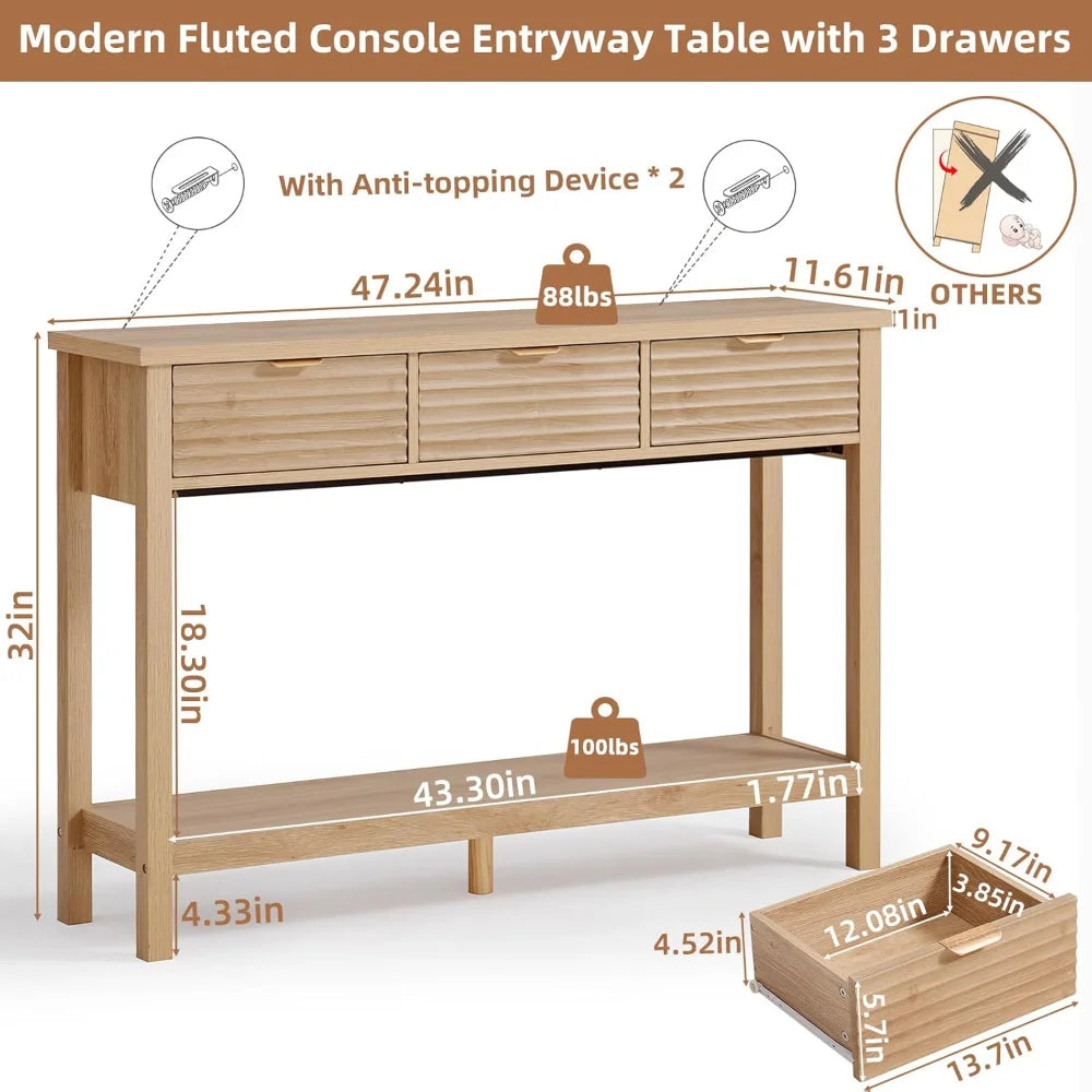 Modern Fluted Console Table 3 Drawers Wood Entryway Storage Shelf