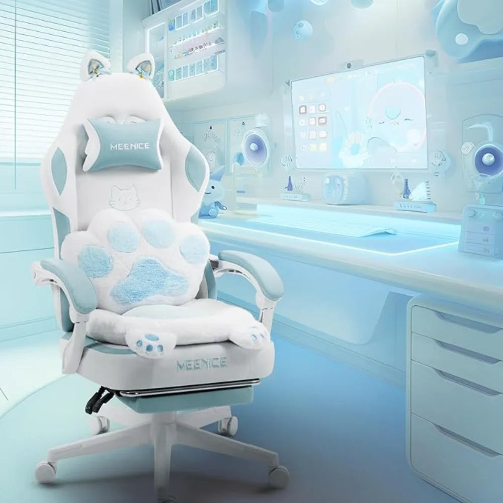 Cute Gaming Chair with Cat Ears Lumbar Cushion Ergonomic Footrest Reclining