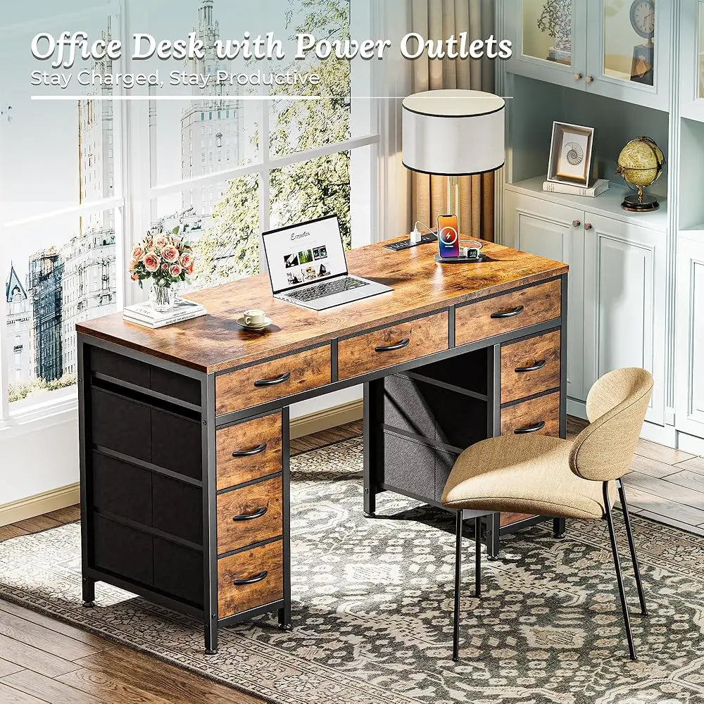 47 Inch Office Desk with Outlets and 9 Fabric Drawers for Home Office
