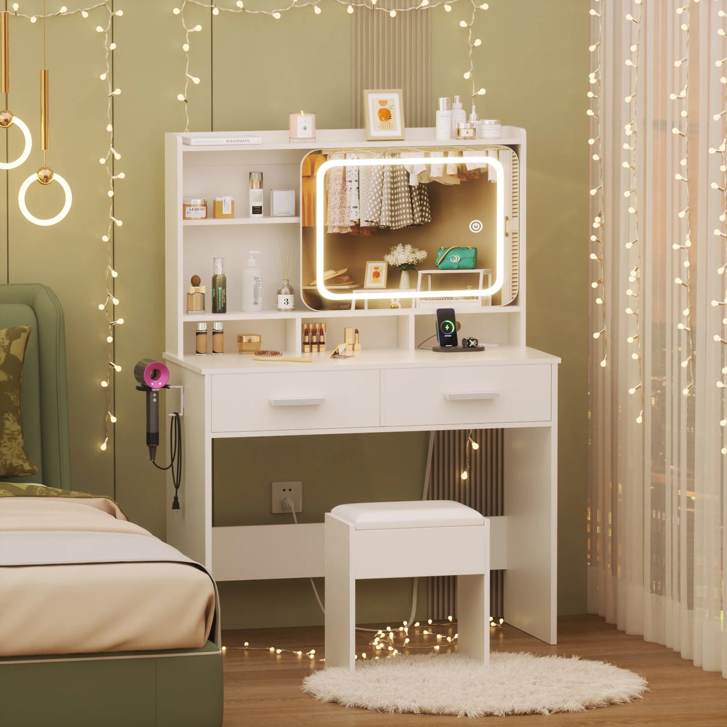 Satifur Vanity Desk with LED Mirror Power Outlets Makeup Stool Set