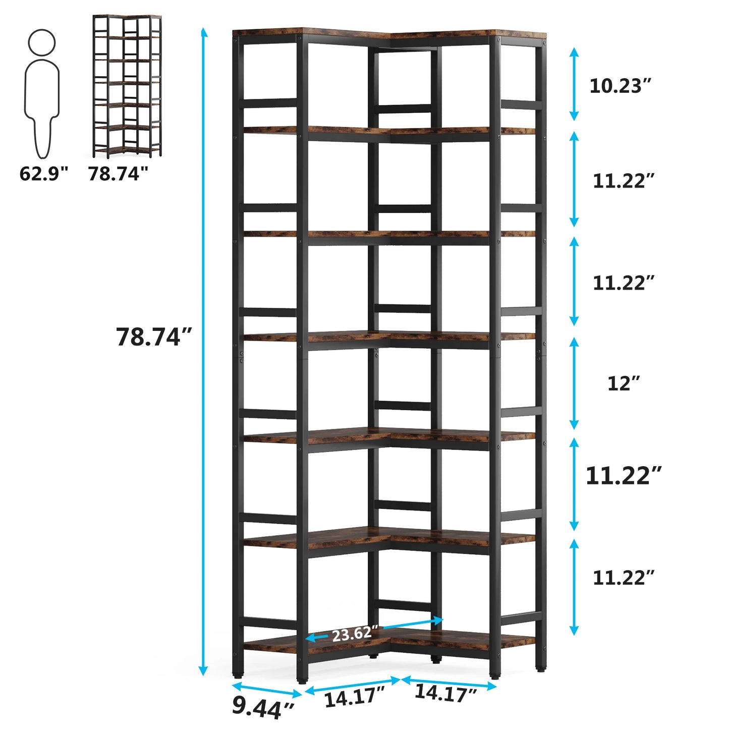 Ljustra 7-Shelf Corner Bookshelf Modern Corner Bookcase Storage Rack