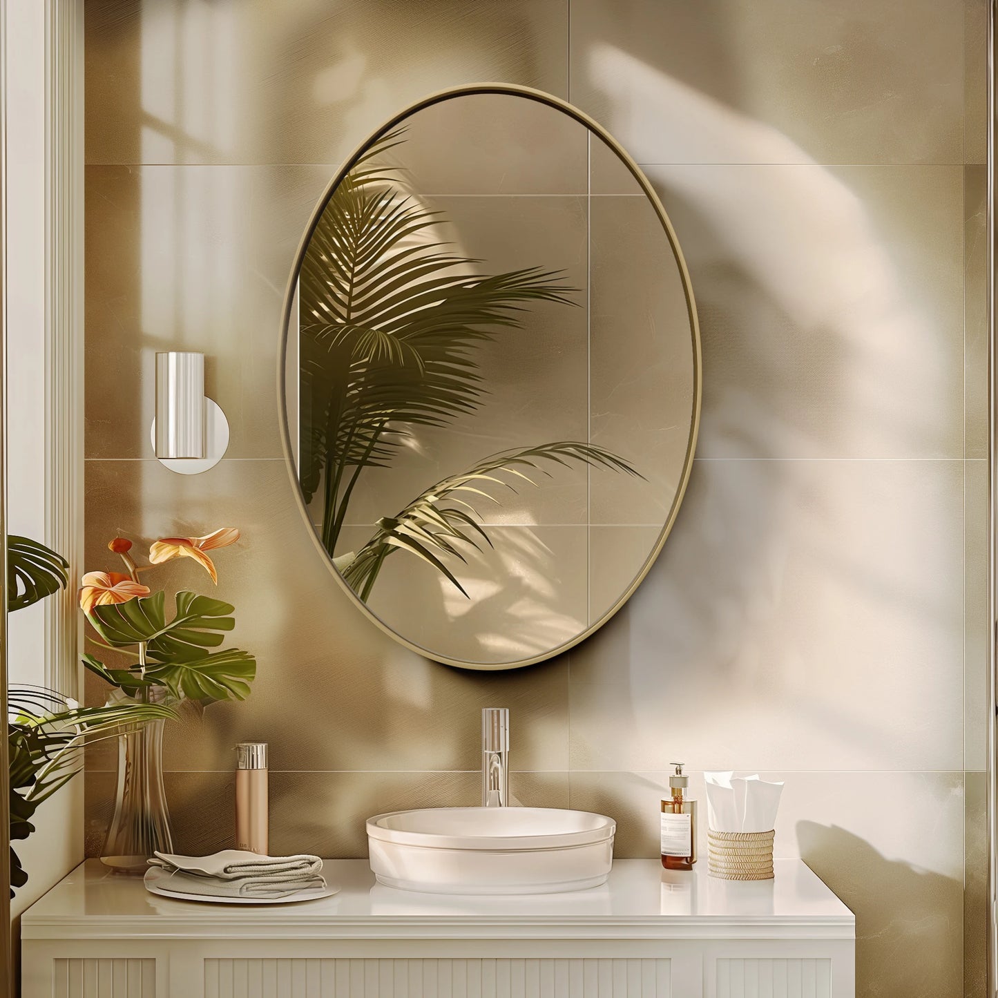 Oval Wall Mounted Mirror Brushed Gold Aluminum Accent Mirror Decor