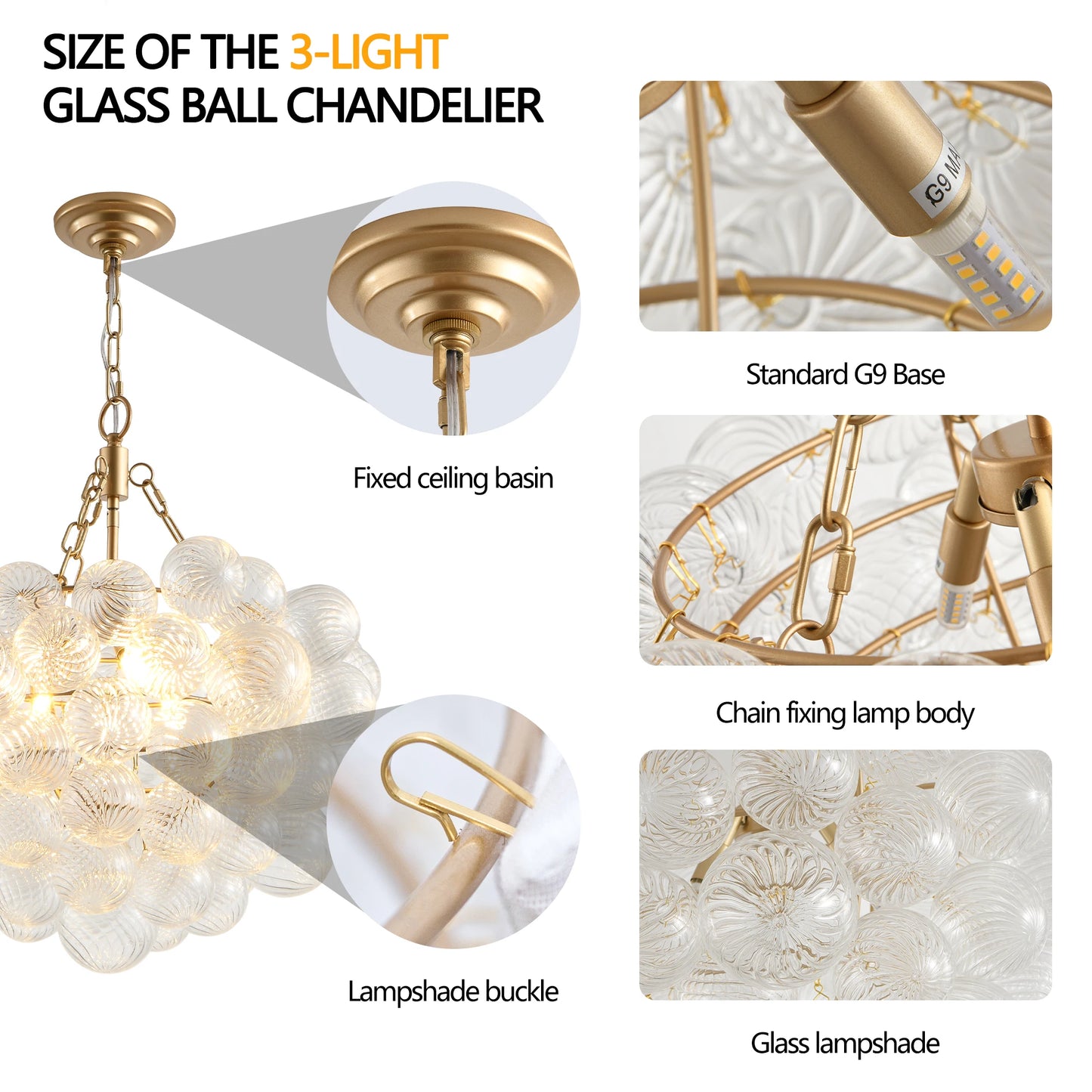 20 Inch Gold Pendant Light Chandelier Clear Glass Globe Adjustable Height