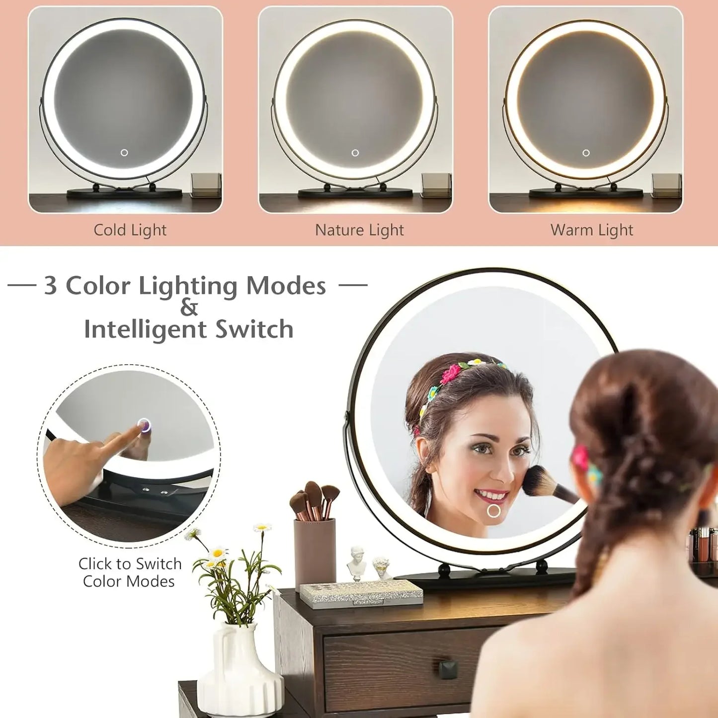 Ljustra Wooden Vanity Set with Lighted Mirror and Storage Stool