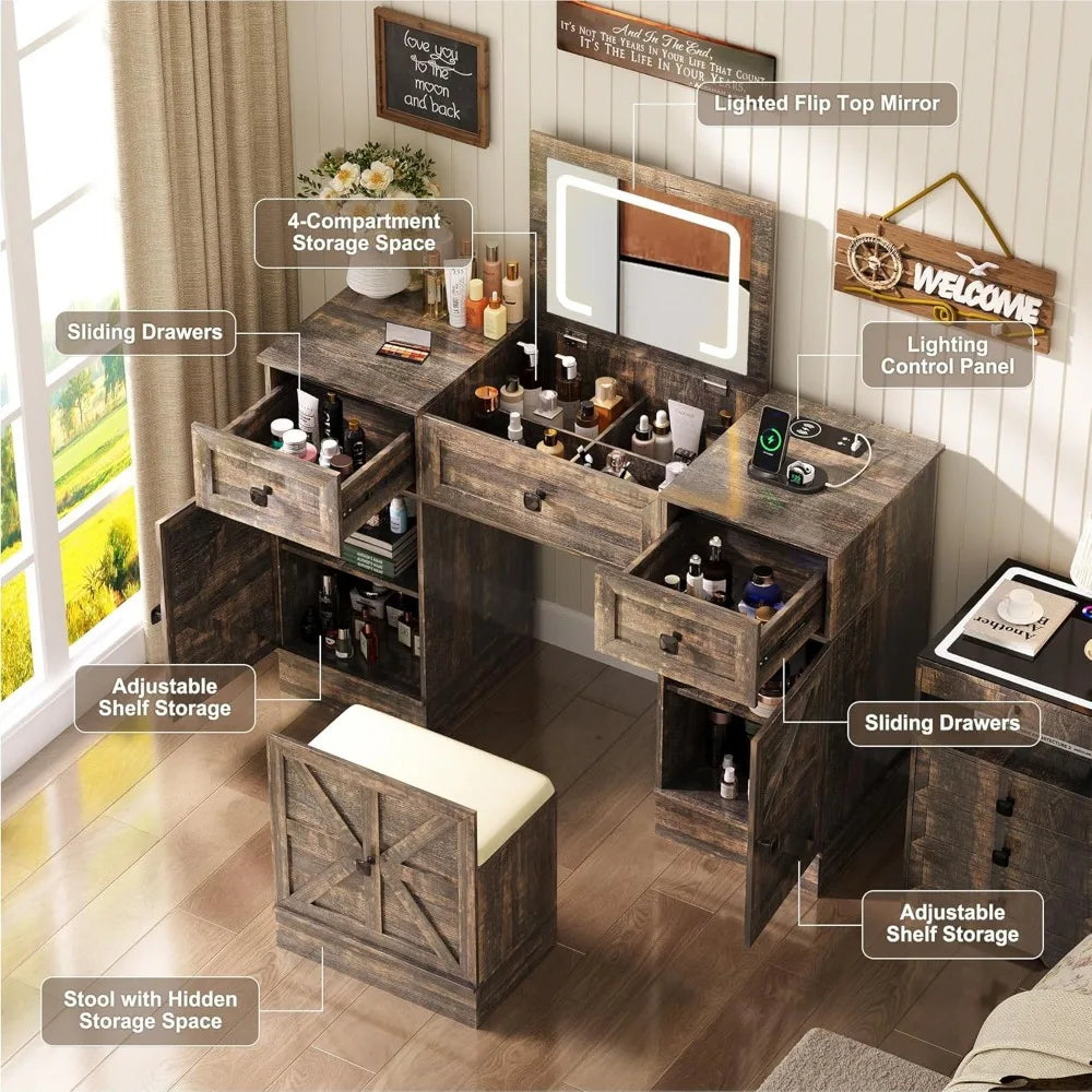 3-in-1 Vanity Desk with LED Lights and Mirror Compact Makeup Table