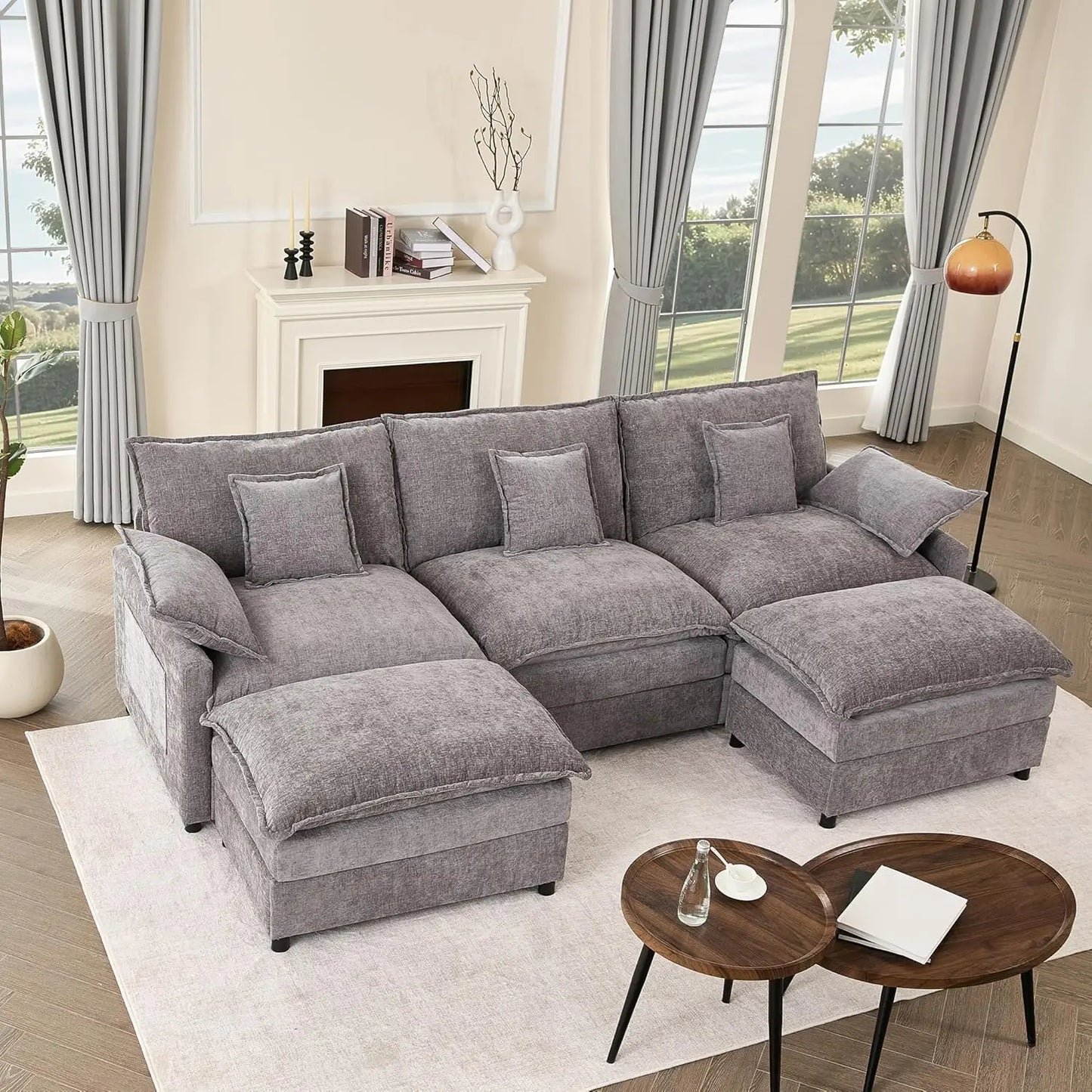 108" U-Shaped Modular Sectional Sofa Deep Seat Chenille Cloud Couch w/ Ottoman