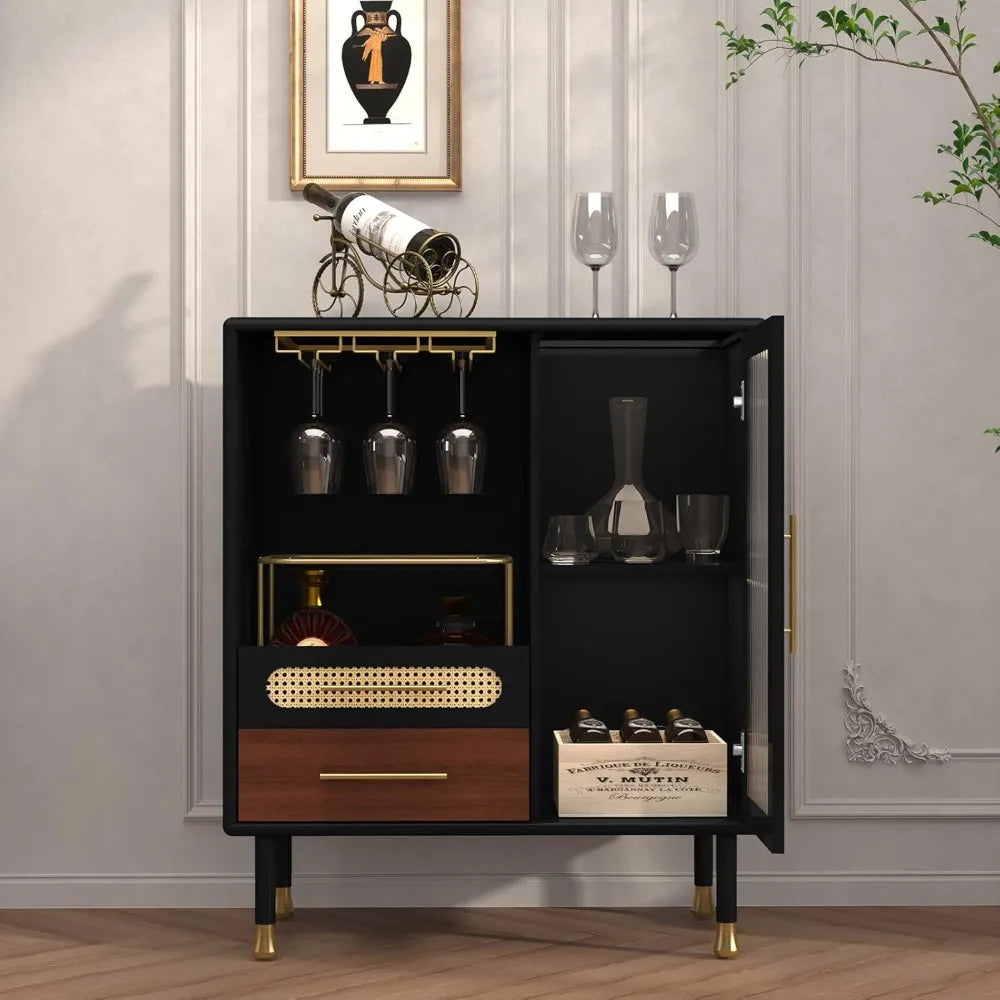 Modern Coffee Bar Cabinet with Wine Glass Rack and Pull-Out Storage