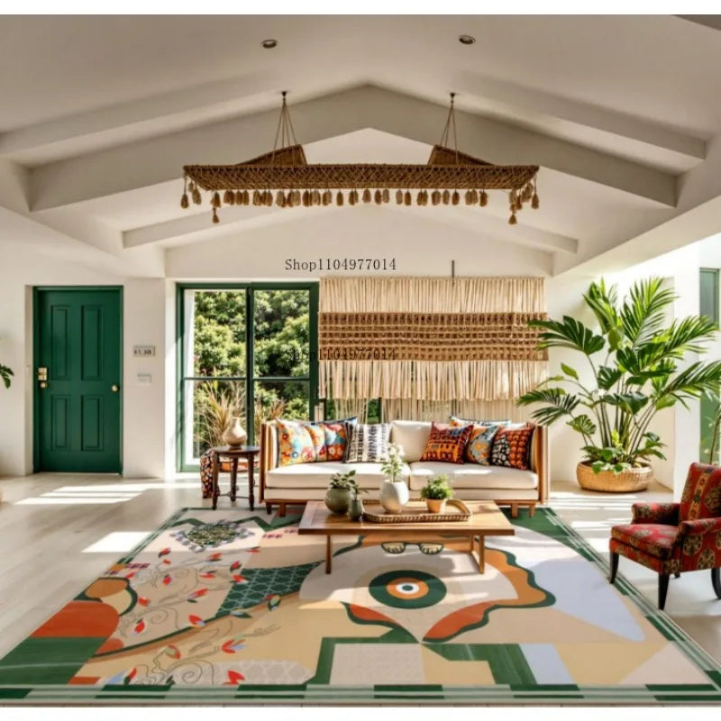 Green Living Room Rug Soft Non-Slip Abstract Machine Washable Indoor Rug