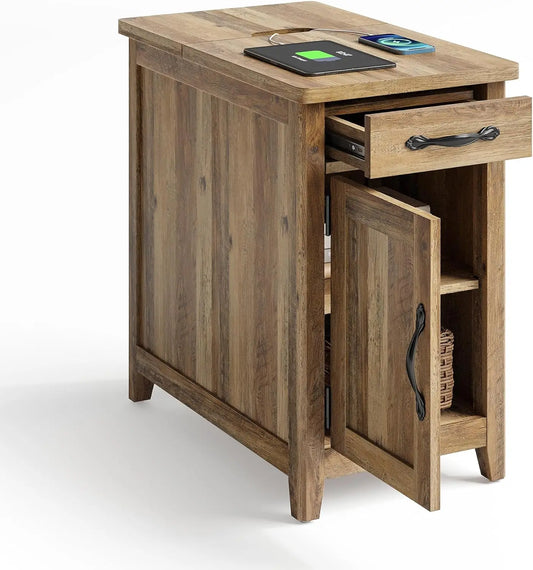 Ljustra Farmhouse End Table with Charging Station Narrow Side Table Storage