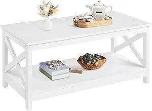 Wood 2-Tier Coffee Table with Storage Shelf Modern X Design Living Room