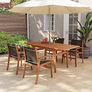 Acacia Wood Patio Dining Set Expandable Table Chairs for 6-8 Outdoor