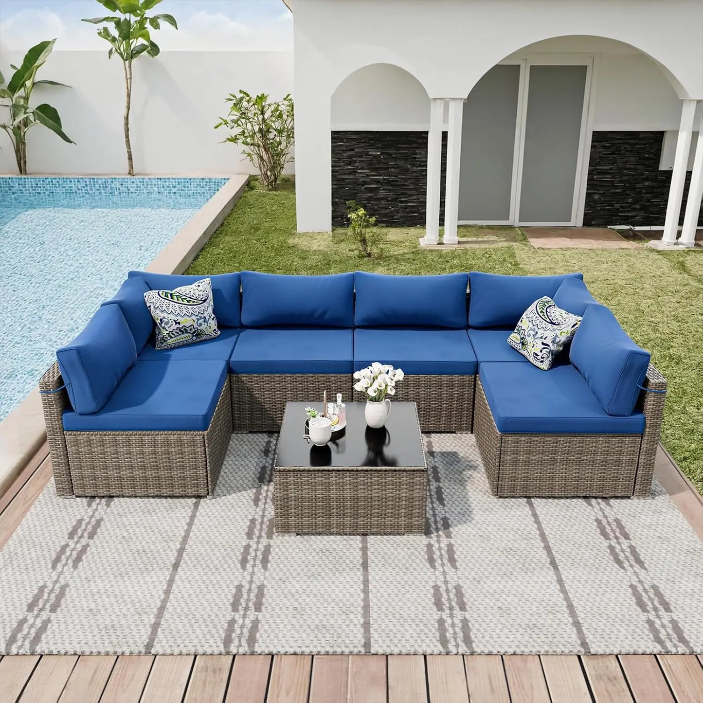 7-Piece Patio Set Sectional Sofa All-Weather PE Rattan Wicker Furniture
