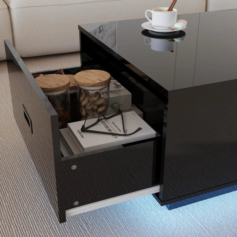 41 Inch LED Coffee Table with Drawers Modern High Gloss Living Room