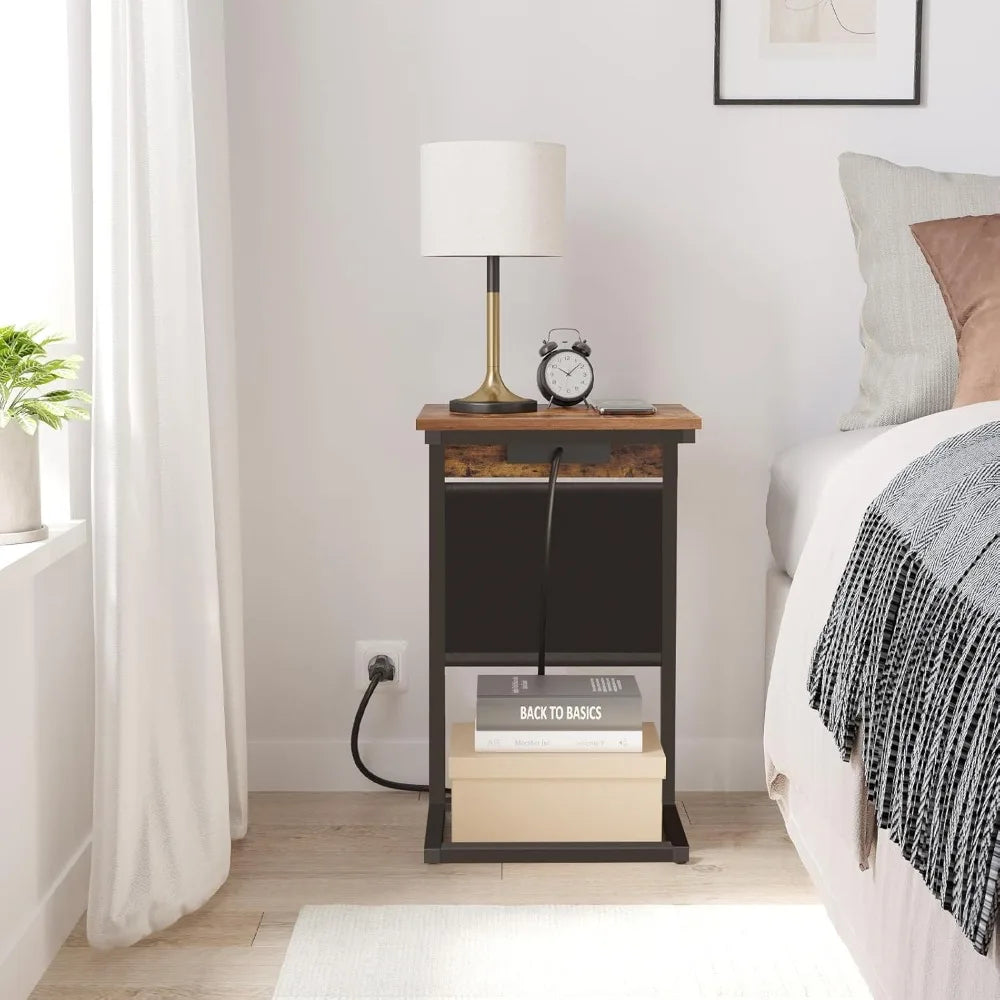 Shaped End Table Set of 2 with Charging Station USB Ports Storage Bag