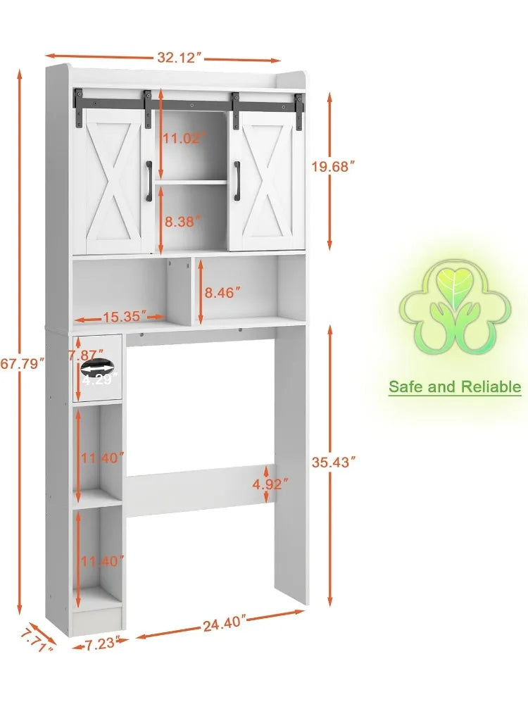Farmhouse Storage Cabinet Over Toilet with Sliding Doors Space-Saving Rack