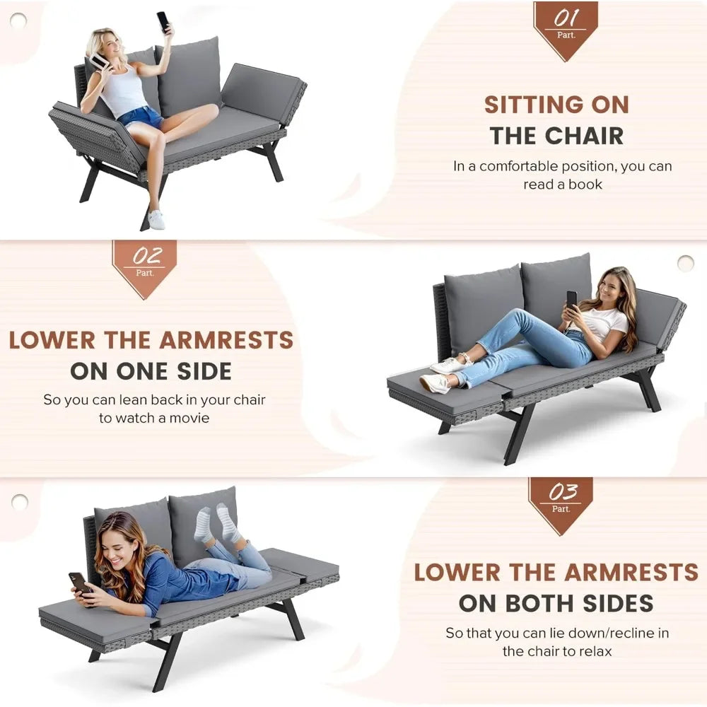 Ljustra Outdoor Convertible Sofa Woven Rattan Patio Furniture Sunbed