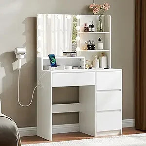 Makeup Vanity Desk with LED Light Power Outlet Storage Chair Set
