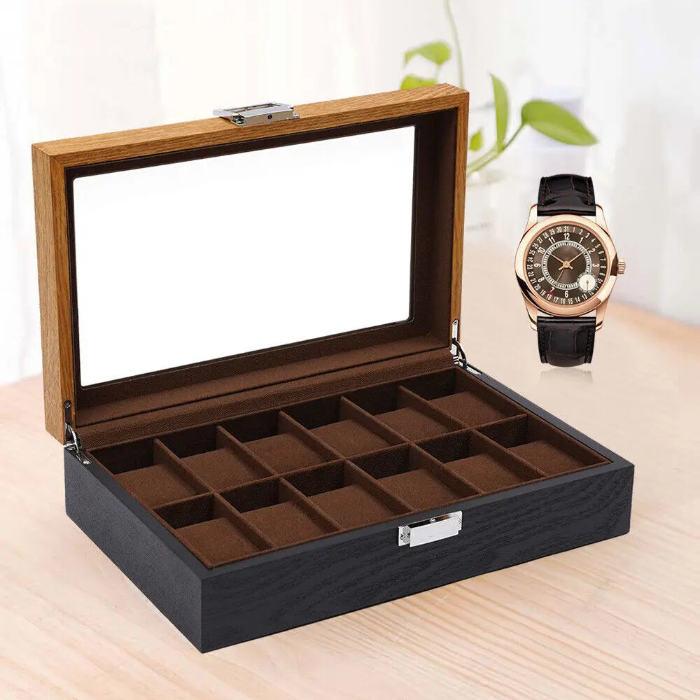 12 Slots Wooden Watch Box Organizer Jewelry Storage Case with Lock