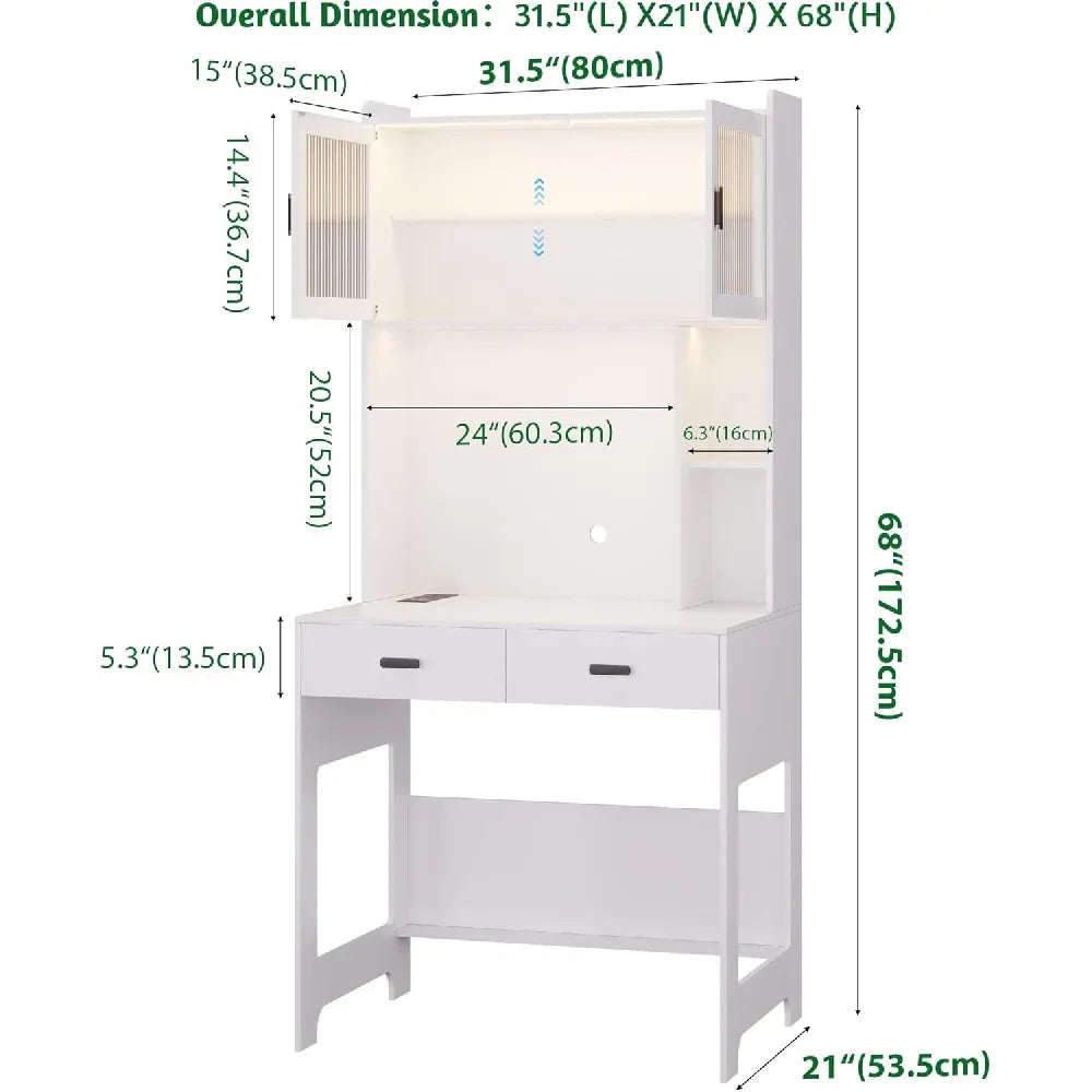 Ljustra Modern Office Desk with Hutch LED Lights Power Outlet Storage