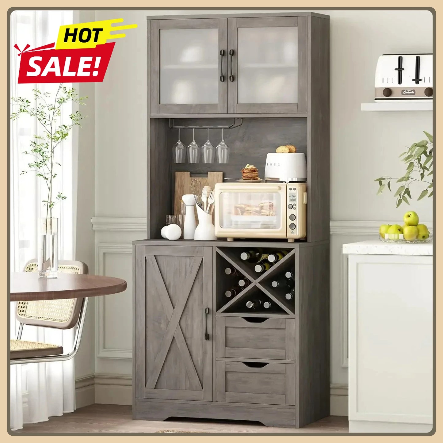 71 inch Kitchen Hutch Pantry Cabinet Buffet Rustic Grey with Adjustable Shelf
