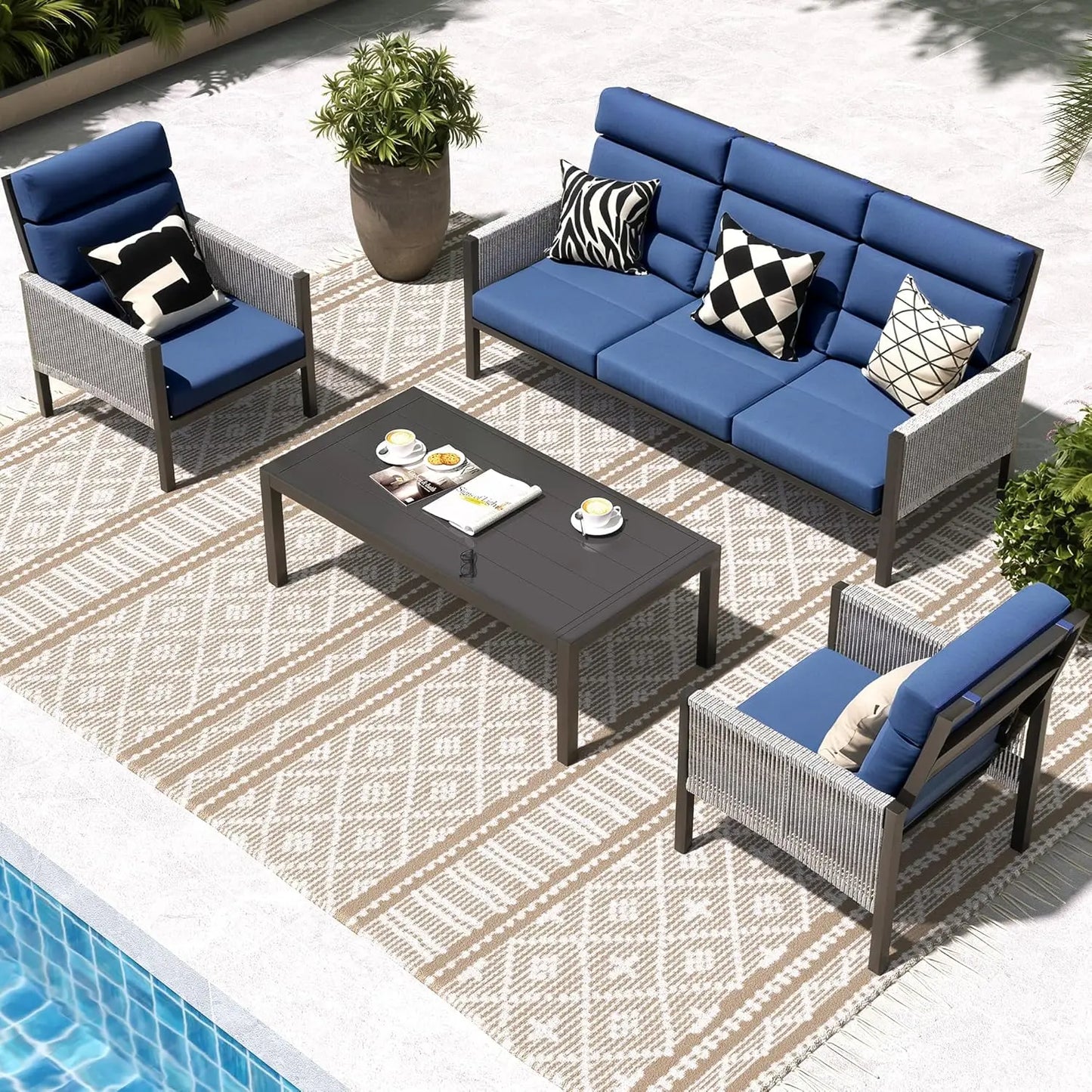 Aluminum High Back Outdoor Sectional Sofa 4 Piece Patio Furniture Set
