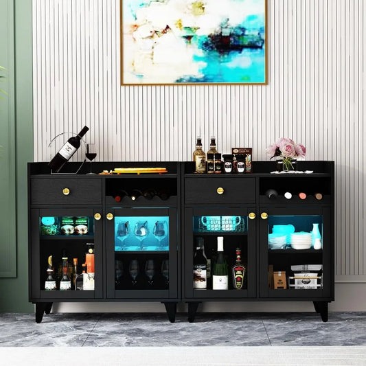 Small Black Bar Cabinet Modern Liquor Storage with LED Light Farmhouse Style