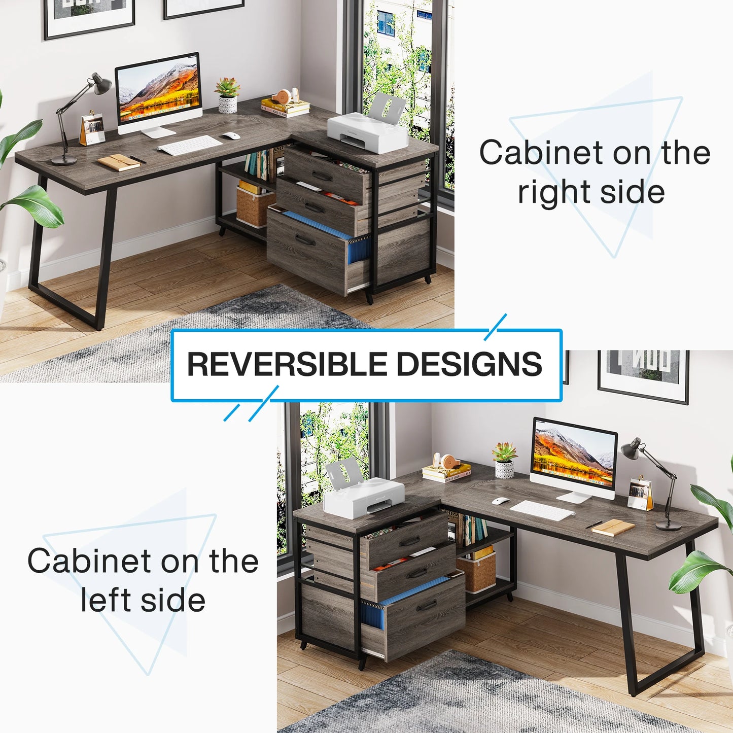 Ljustra L-Shaped Computer Desk with 3 Drawers Reversible Corner Desk