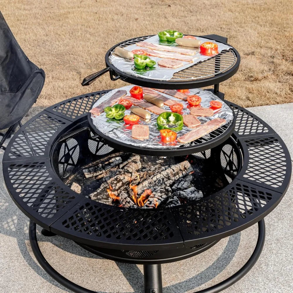 42 Inch Fire Pit with Grills Lid Poker Heavy Duty Outdoor BBQ