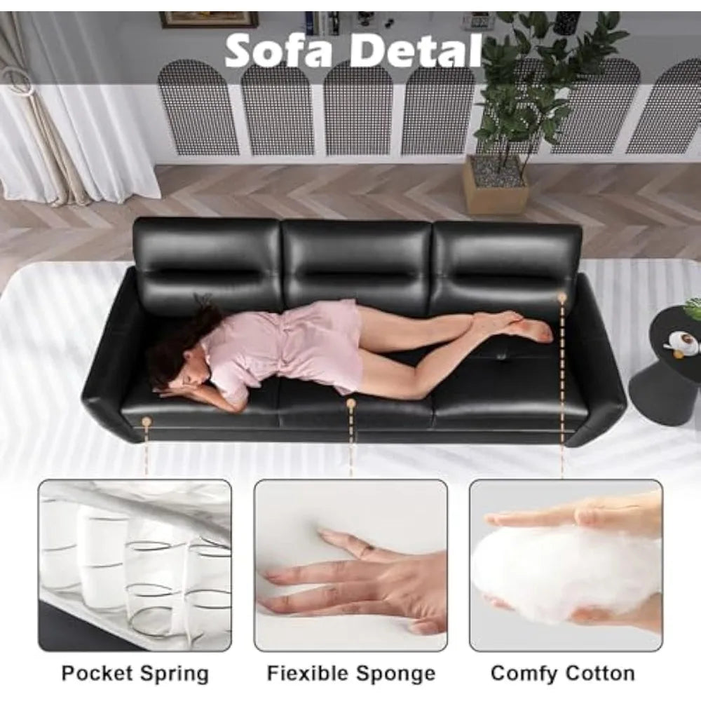 85" Faux Leather Sofa Black 3-Seater Couch with USB & Cup Holders, Modern Mid-Century Design