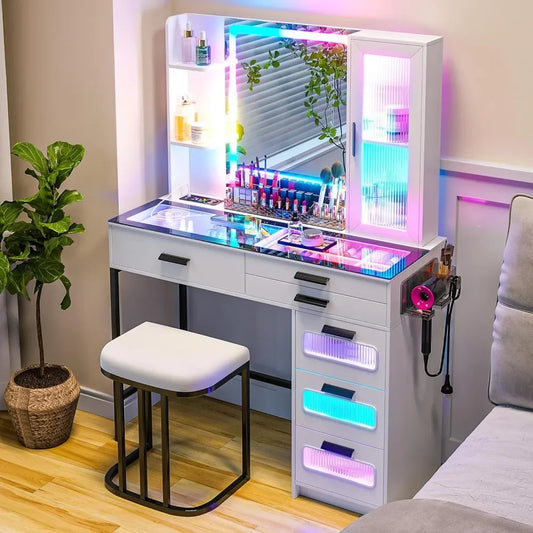Modern Vanity Desk with Mirror LED Lights Charging Station Makeup Table