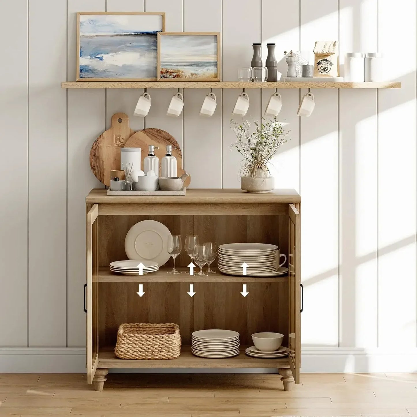 Sideboard Buffet Cabinet with 4 Glass Doors and Charging Station Oak