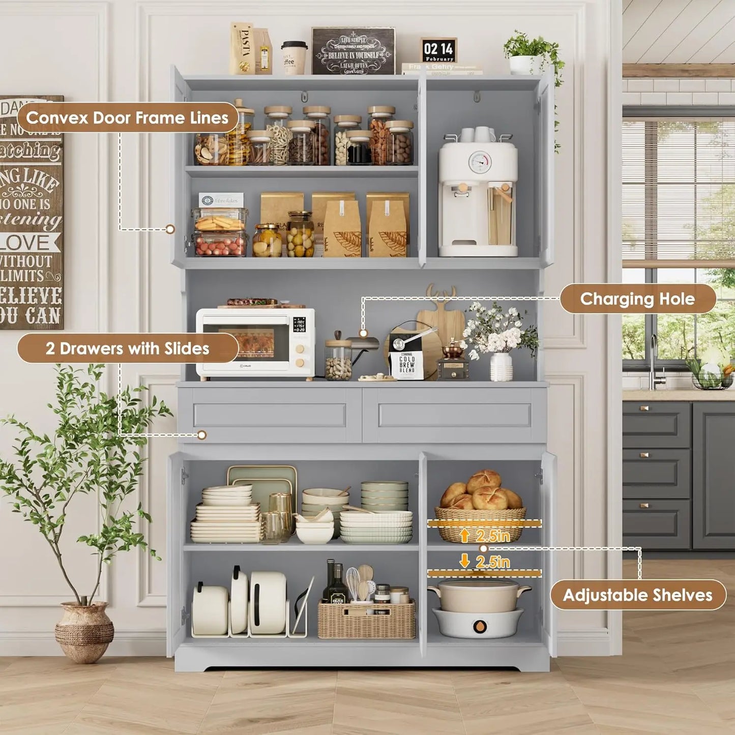 74 Inch Tall Kitchen Pantry Cabinet with 6 Doors and 2 Drawers