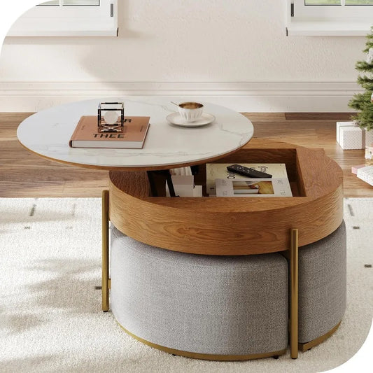 32 Inch Round Slate Coffee Table Set with Storage and 3 Stools