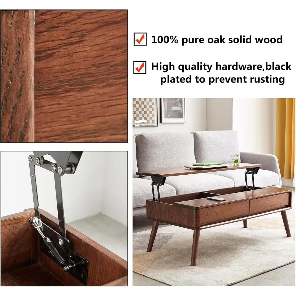 Solid Oak Lift Top Coffee Table with Storage Drawers and Compartment