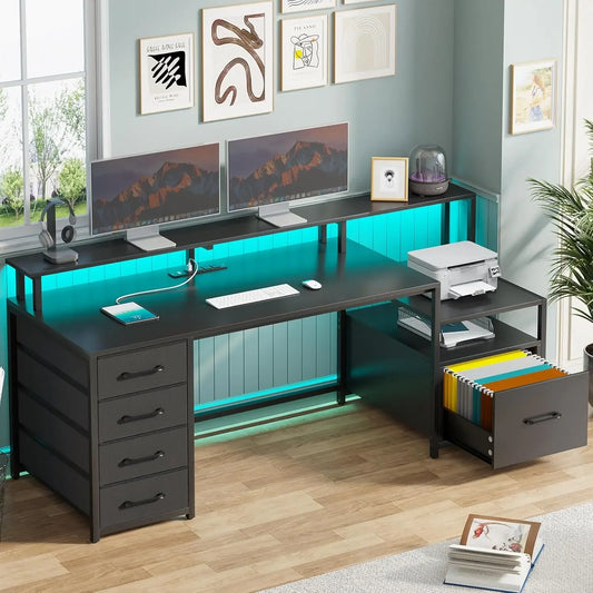 Computer Desk with 5 Drawers Power Outlet LED Lights Home Office Desk