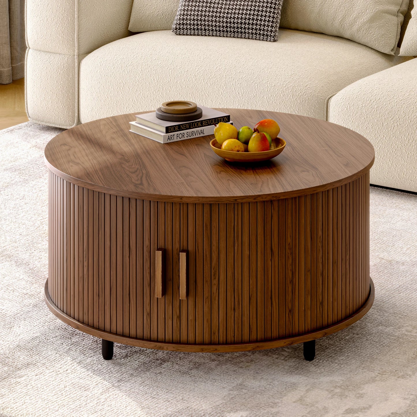 Round Coffee Table with Storage Modern 31.5 Inch Fluted Wood Accent